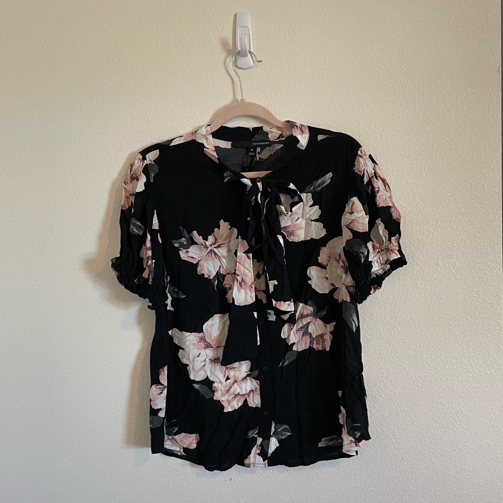 NWT black floral button up blouse with bow neckline